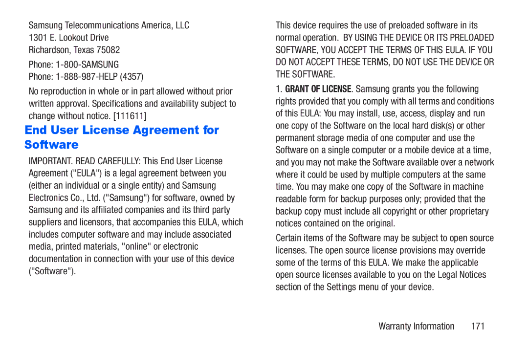 Samsung SM-T217AZKAATT user manual End User License Agreement for Software, 171 