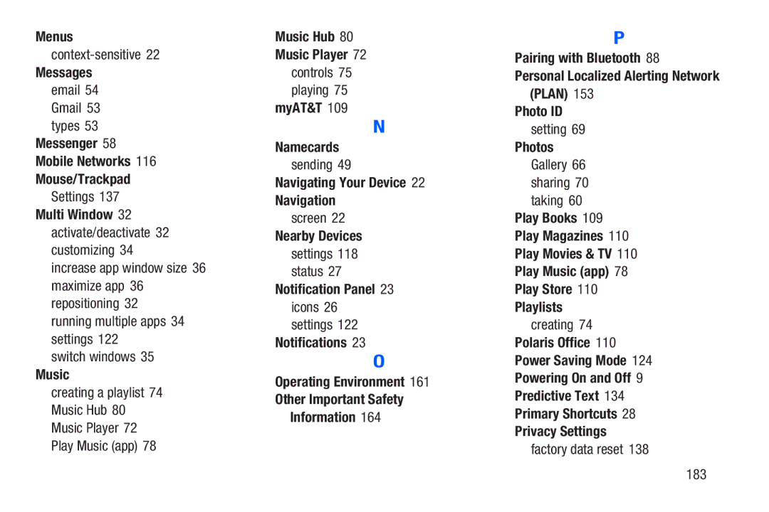 Samsung SM-T217AZKAATT Menus, Messages, Messenger Mobile Networks Mouse/Trackpad, Multi Window, Music, MyAT&T Namecards 