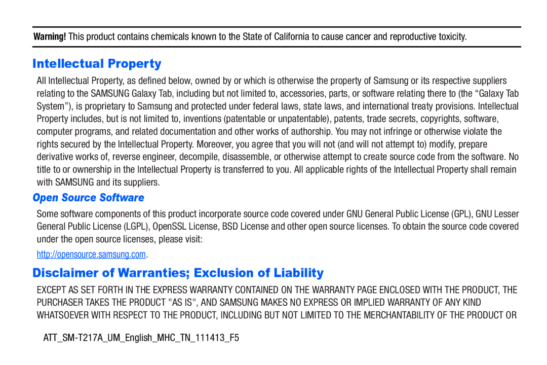 Samsung SM-T217AZKAATT Intellectual Property, Disclaimer of Warranties Exclusion of Liability, Open Source Software 