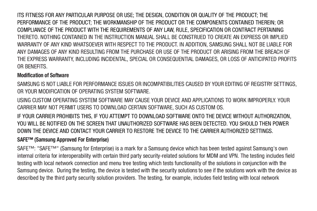 Samsung SM-T217AZKAATT user manual Modification of Software, Safe Samsung Approved For Enterprise 