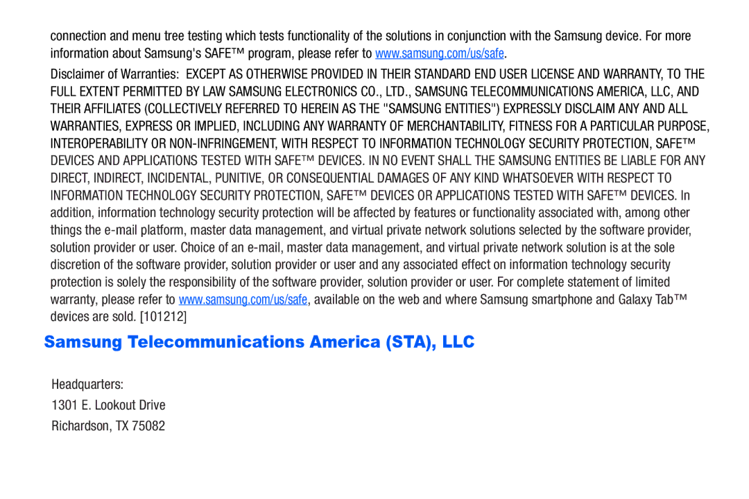 Samsung SM-T217AZKAATT Samsung Telecommunications America STA, LLC, Headquarters 1301 E. Lookout Drive Richardson, TX 