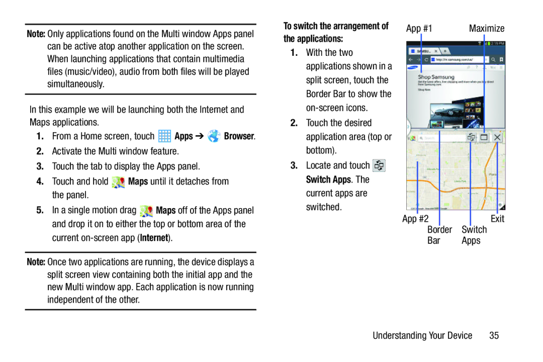 Samsung SM-T217AZKAATT user manual Current on-screen app Internet, Touch the desired application area top or bottom, App #2 