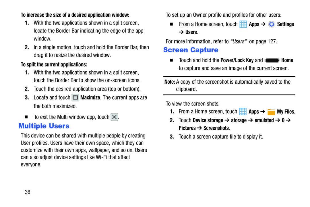 Samsung SM-T217AZKAATT user manual Multiple Users, Screen Capture, To split the current applications 