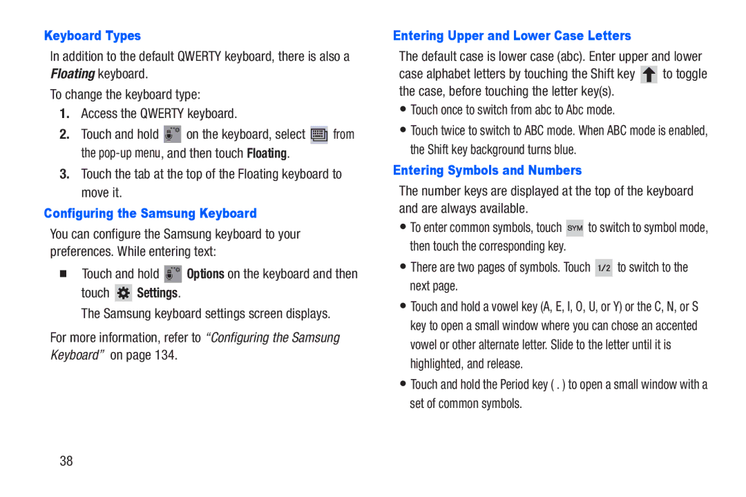 Samsung SM-T217AZKAATT Keyboard Types, Configuring the Samsung Keyboard, Touch Settings, Entering Symbols and Numbers 