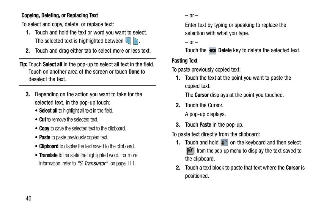 Samsung SM-T217AZKAATT Copying, Deleting, or Replacing Text, To select and copy, delete, or replace text, Pasting Text 