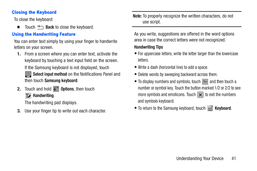 Samsung SM-T217AZKAATT user manual Closing the Keyboard, Using the Handwriting Feature, Handwriting Tips 