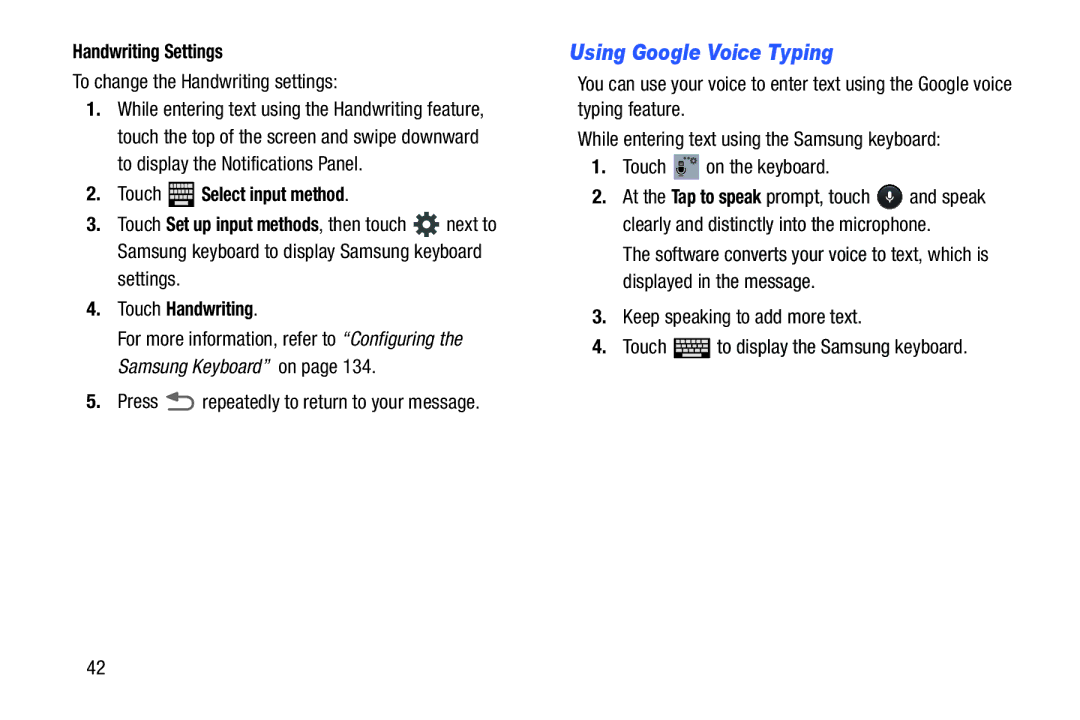 Samsung SM-T217AZKAATT user manual Using Google Voice Typing, Handwriting Settings, Touch Handwriting 