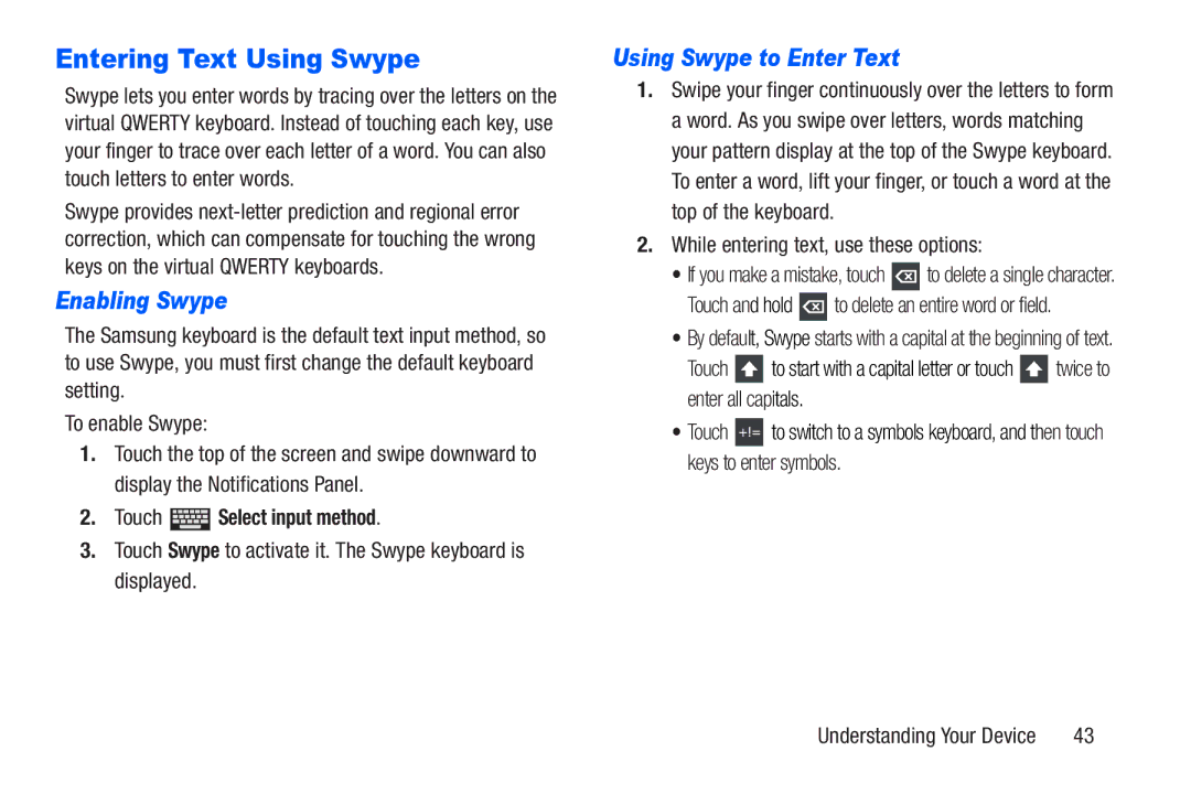 Samsung SM-T217AZKAATT user manual Entering Text Using Swype, Enabling Swype, Using Swype to Enter Text 