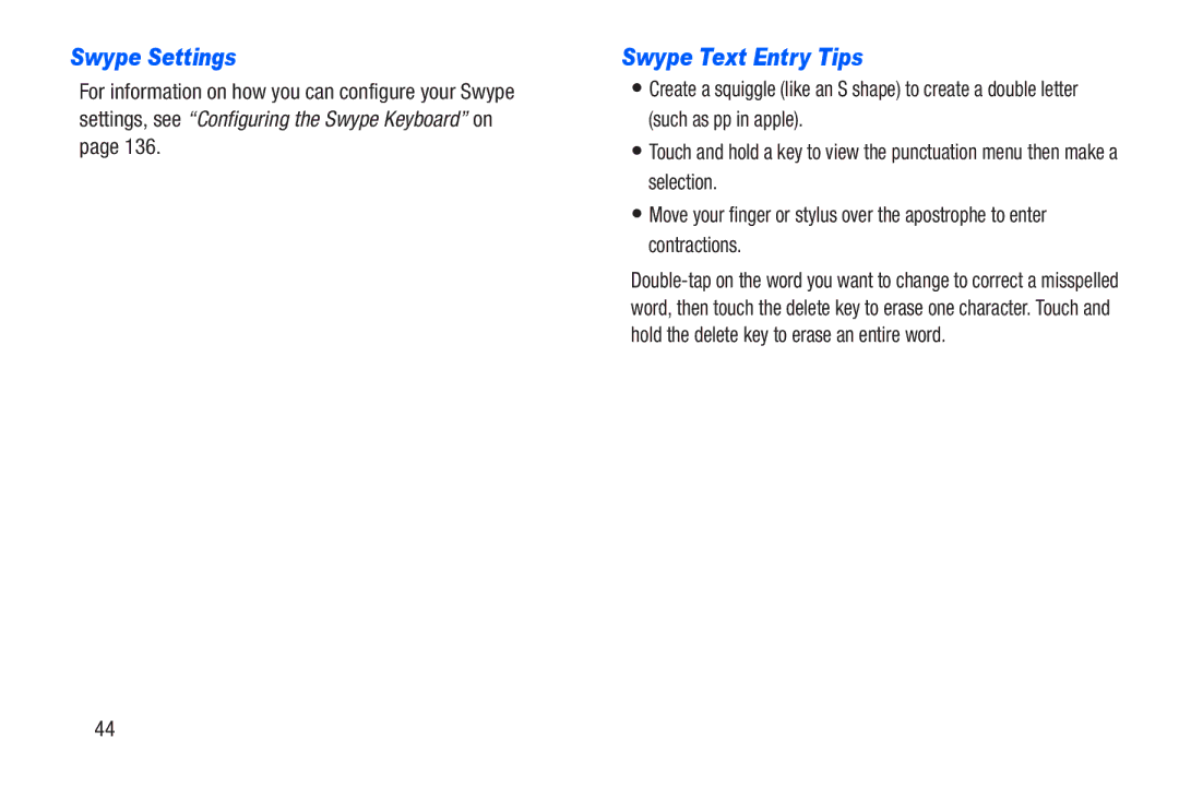 Samsung SM-T217AZKAATT user manual Swype Settings, Swype Text Entry Tips 