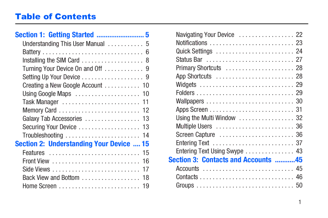 Samsung SM-T217AZKAATT user manual Table of Contents 