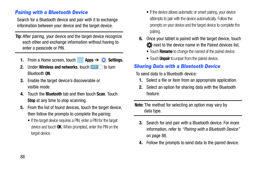 Samsung SM-T217AZKAATT user manual Pairing with a Bluetooth Device, Sharing Data with a Bluetooth Device 