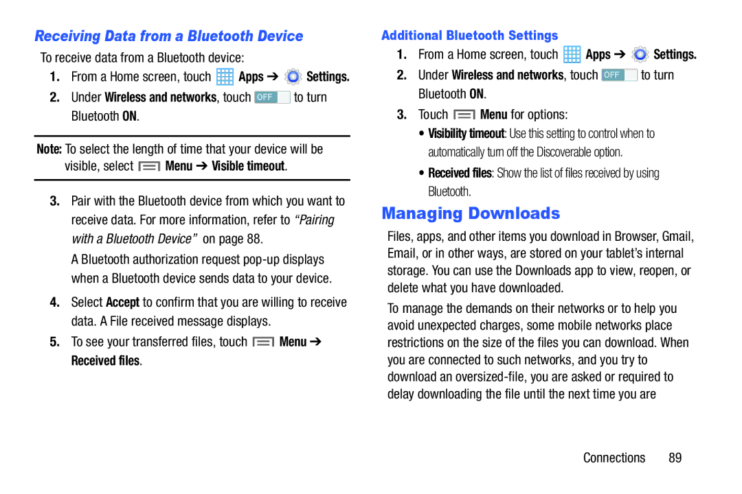 Samsung SM-T217AZKAATT Managing Downloads, Receiving Data from a Bluetooth Device, To receive data from a Bluetooth device 