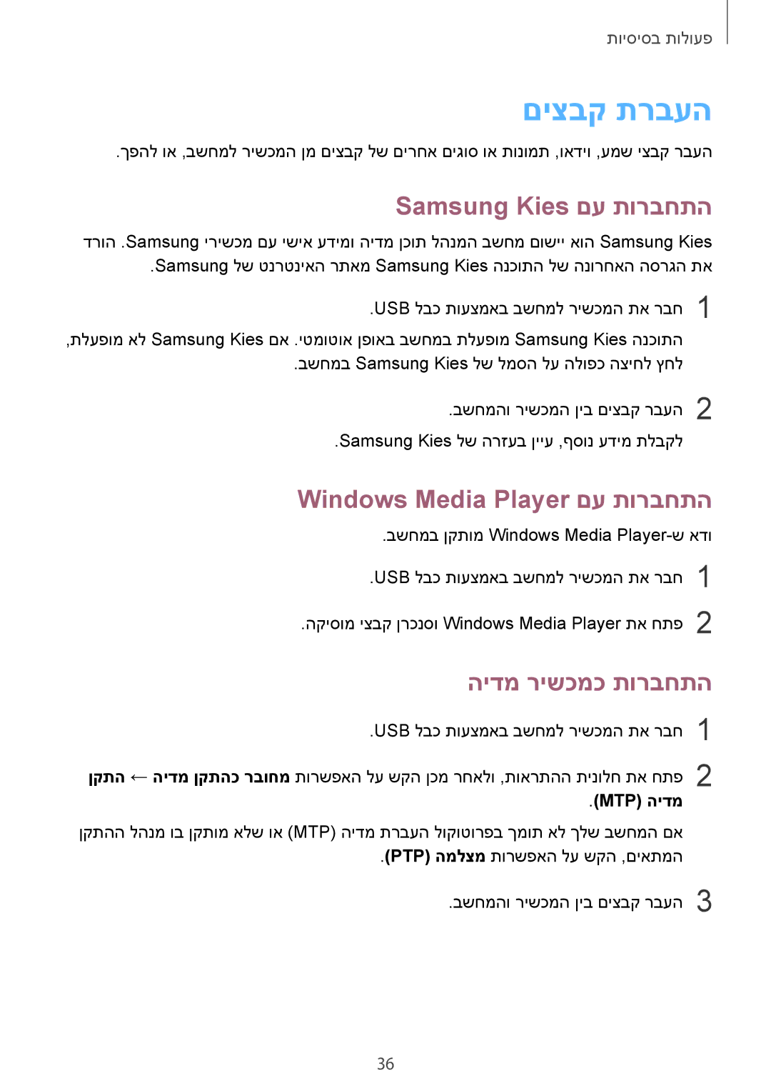 Samsung SM-T230NYKAILO manual םיצבק תרבעה, Samsung Kies םע תורבחתה, Windows Media Player םע תורבחתה, הידמ רישכמכ תורבחתה 