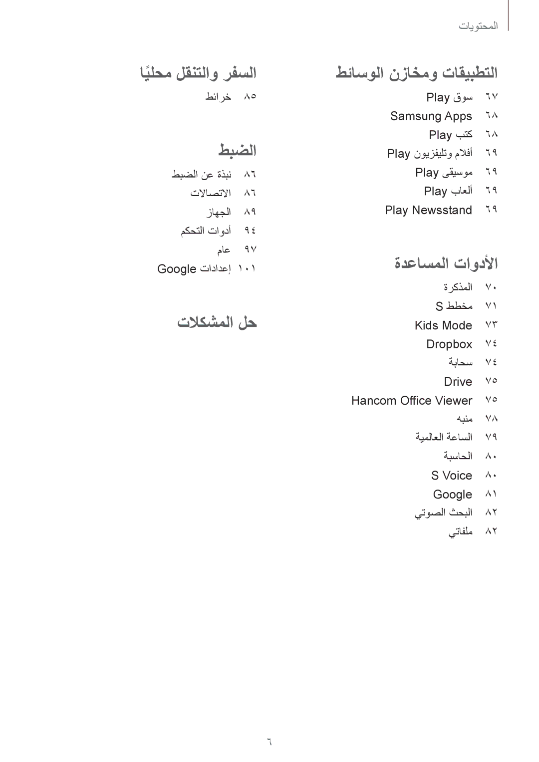 Samsung SM-T230NYKAKSA manual طئارخ, ةركذملا ططخم Kids Mode Dropbox ةباحس Drive, Hancom Office Viewer 