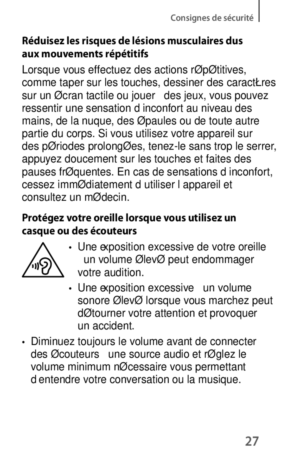 Samsung SM-T230NZWAXEF, SM-T230NYKAXEF manual Un volume élevé peut endommager votre audition 