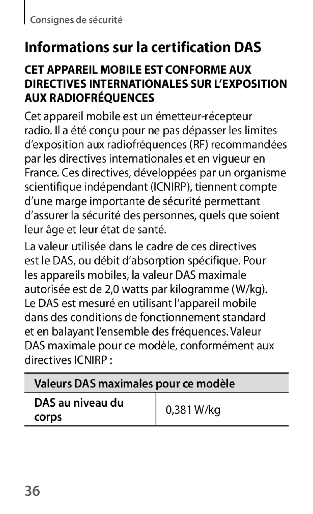 Samsung SM-T230NYKAXEF Informations sur la certification DAS, Valeurs DAS maximales pour ce modèle DAS au niveau du corps 