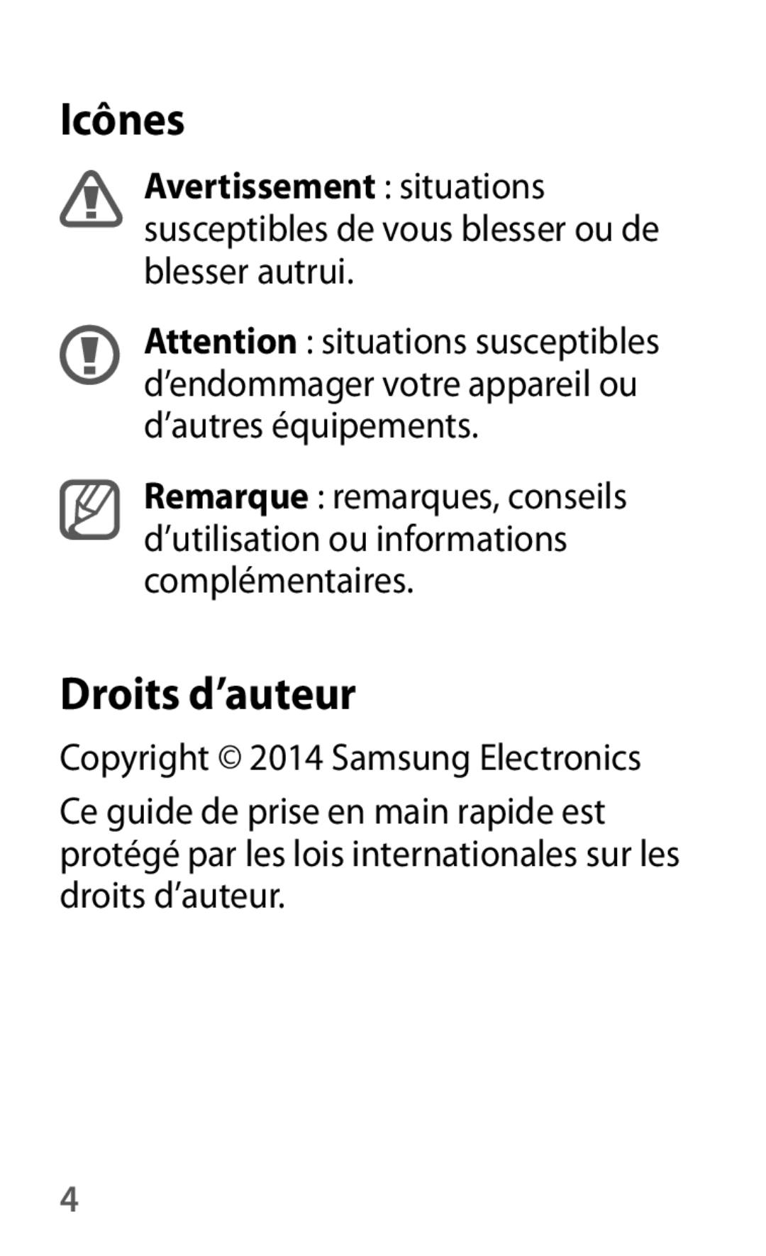 Samsung SM-T230NYKAXEF, SM-T230NZWAXEF manual Icônes, Droits d’auteur 