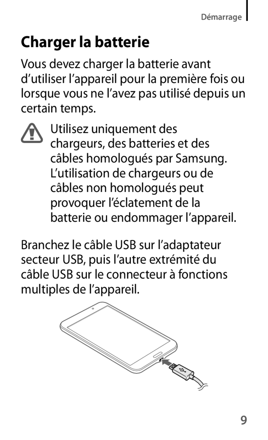 Samsung SM-T230NZWAXEF, SM-T230NYKAXEF manual Charger la batterie 