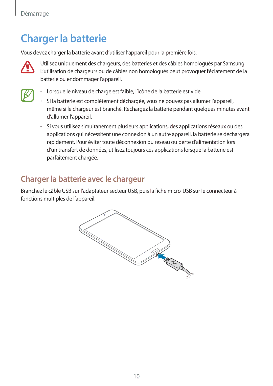 Samsung SM-T230NYKAXEF, SM-T230NZWAXEF manual Charger la batterie avec le chargeur 