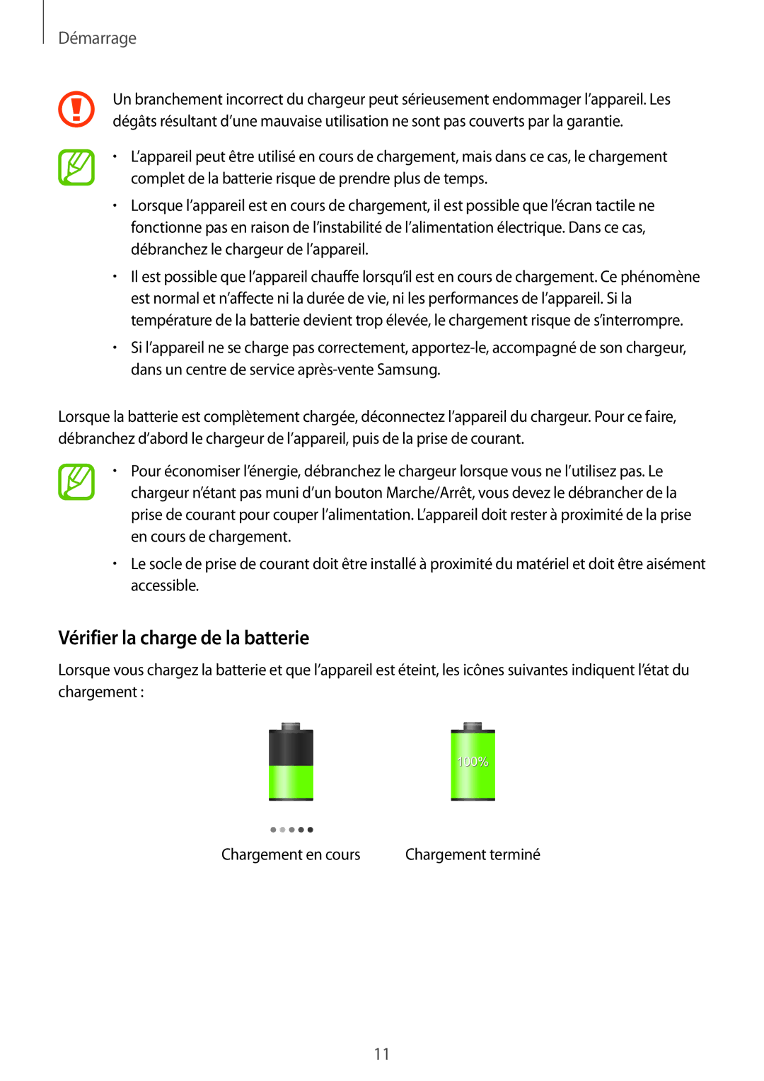 Samsung SM-T230NZWAXEF, SM-T230NYKAXEF manual Vérifier la charge de la batterie 