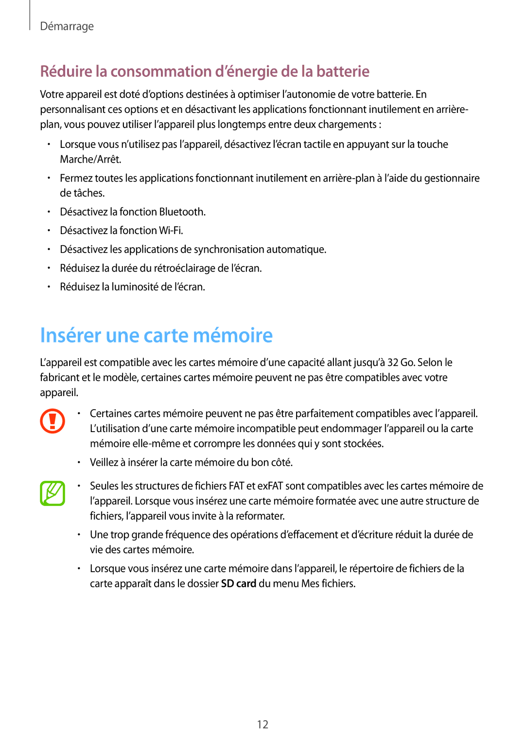 Samsung SM-T230NYKAXEF, SM-T230NZWAXEF manual Insérer une carte mémoire, Réduire la consommation d’énergie de la batterie 