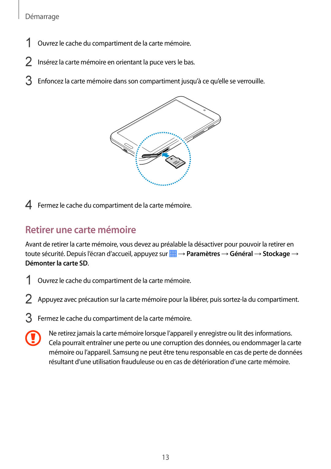 Samsung SM-T230NZWAXEF, SM-T230NYKAXEF manual Retirer une carte mémoire 