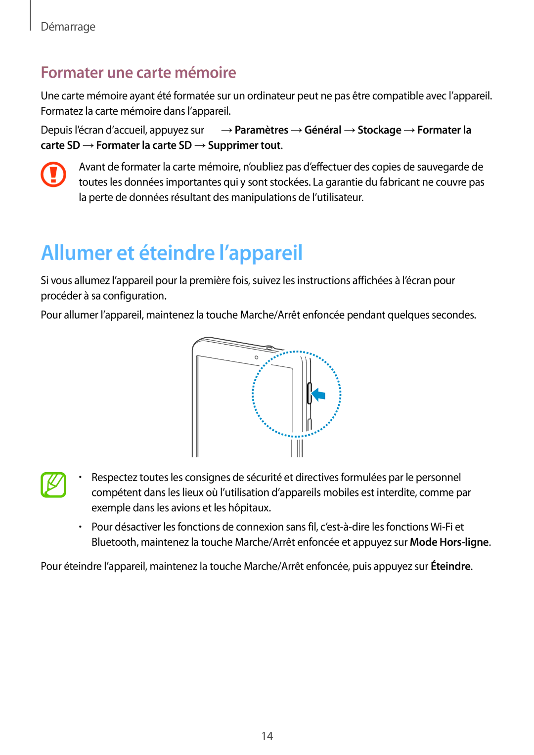 Samsung SM-T230NYKAXEF, SM-T230NZWAXEF manual Allumer et éteindre l’appareil, Formater une carte mémoire 