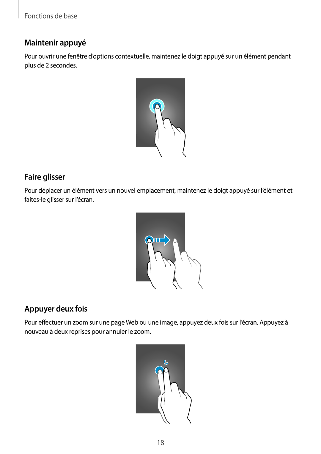 Samsung SM-T230NYKAXEF, SM-T230NZWAXEF manual Maintenir appuyé, Faire glisser, Appuyer deux fois 