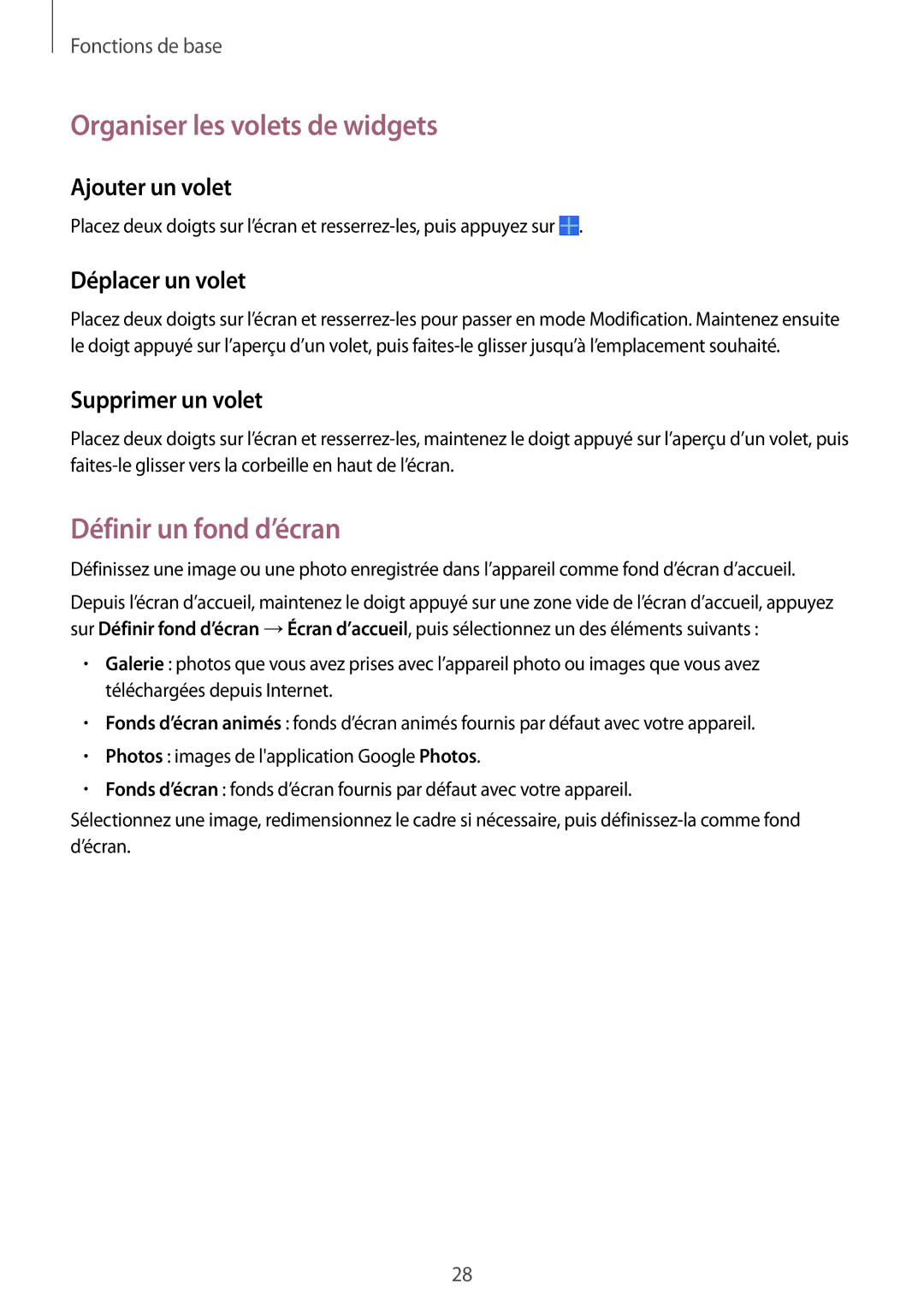 Samsung SM-T230NYKAXEF manual Organiser les volets de widgets, Définir un fond d’écran, Ajouter un volet, Déplacer un volet 