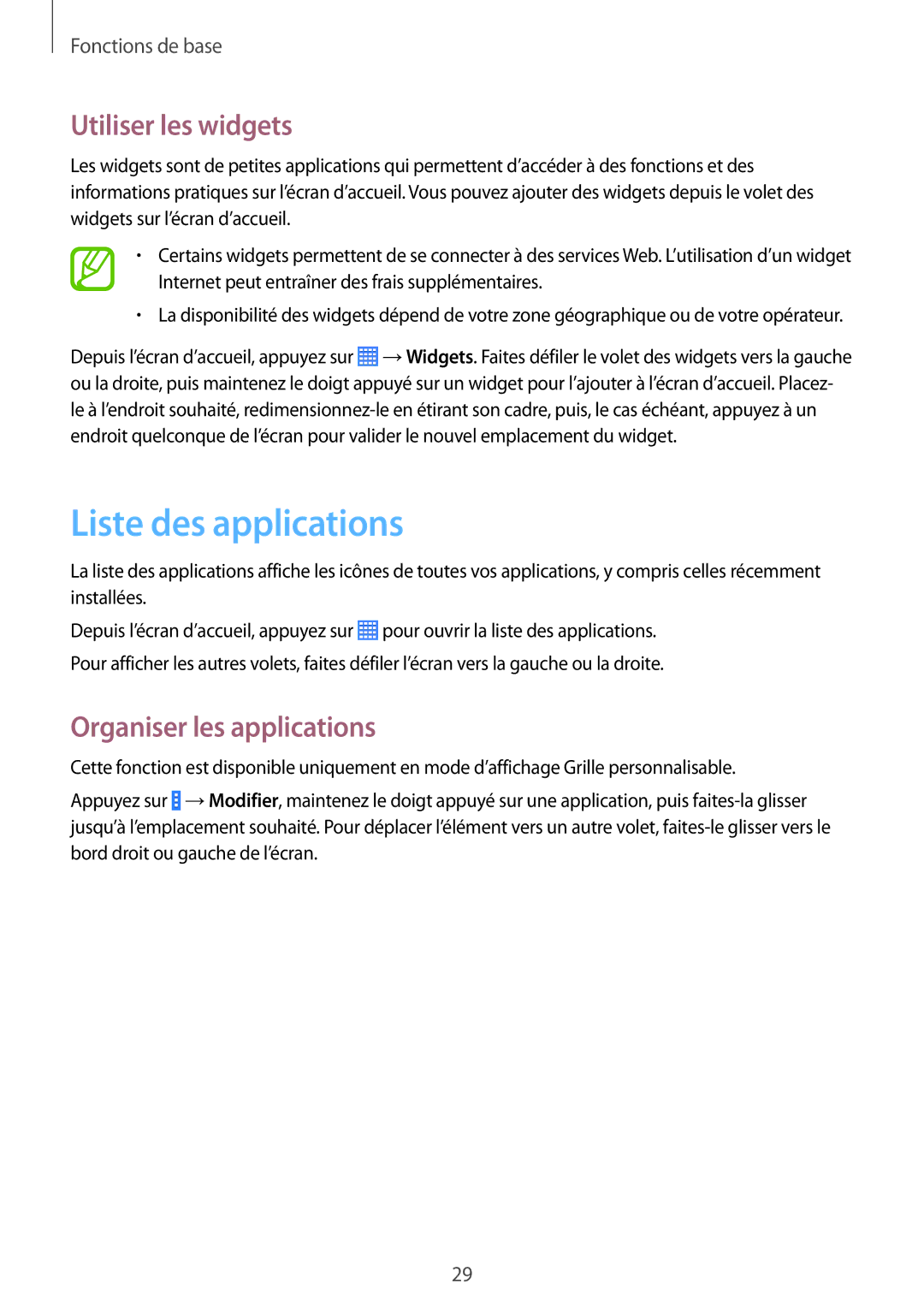 Samsung SM-T230NZWAXEF, SM-T230NYKAXEF manual Liste des applications, Utiliser les widgets, Organiser les applications 