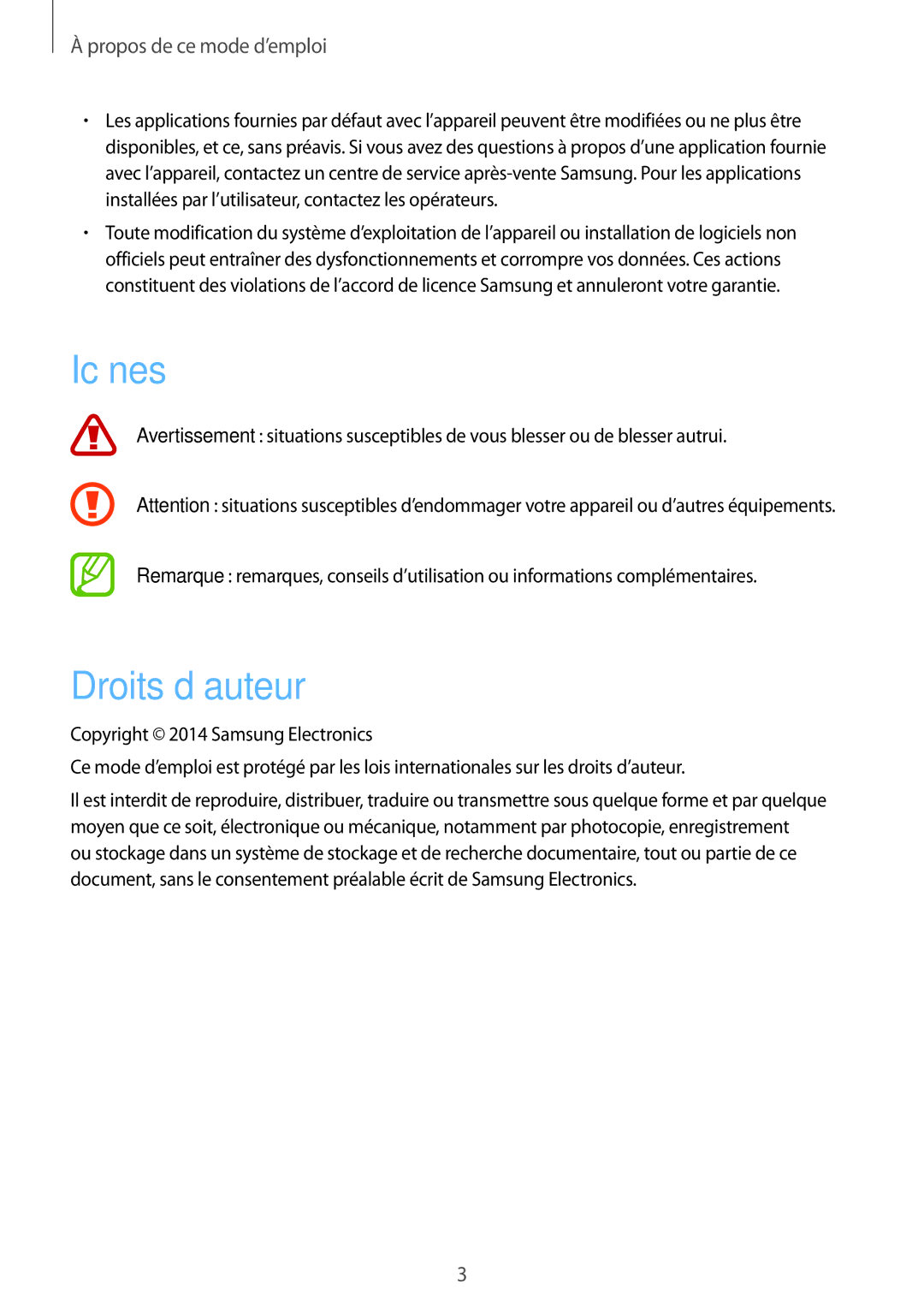 Samsung SM-T230NZWAXEF, SM-T230NYKAXEF manual Icônes, Droits d’auteur 