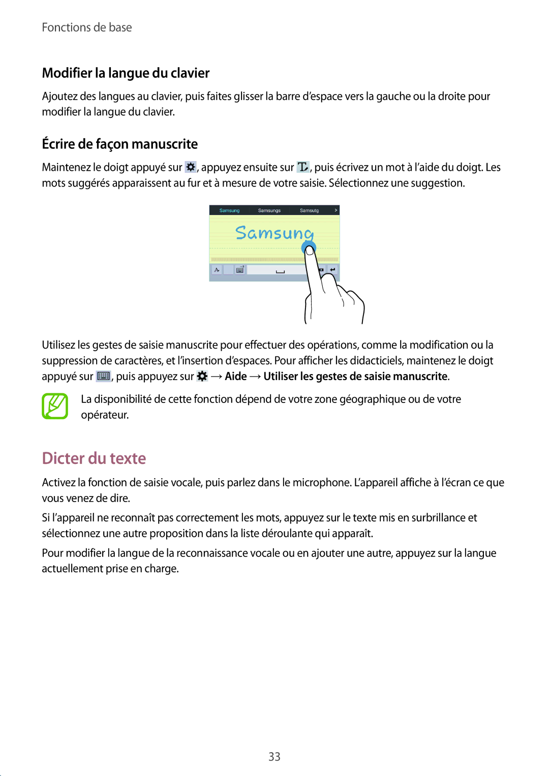 Samsung SM-T230NZWAXEF, SM-T230NYKAXEF manual Dicter du texte, Modifier la langue du clavier, Écrire de façon manuscrite 