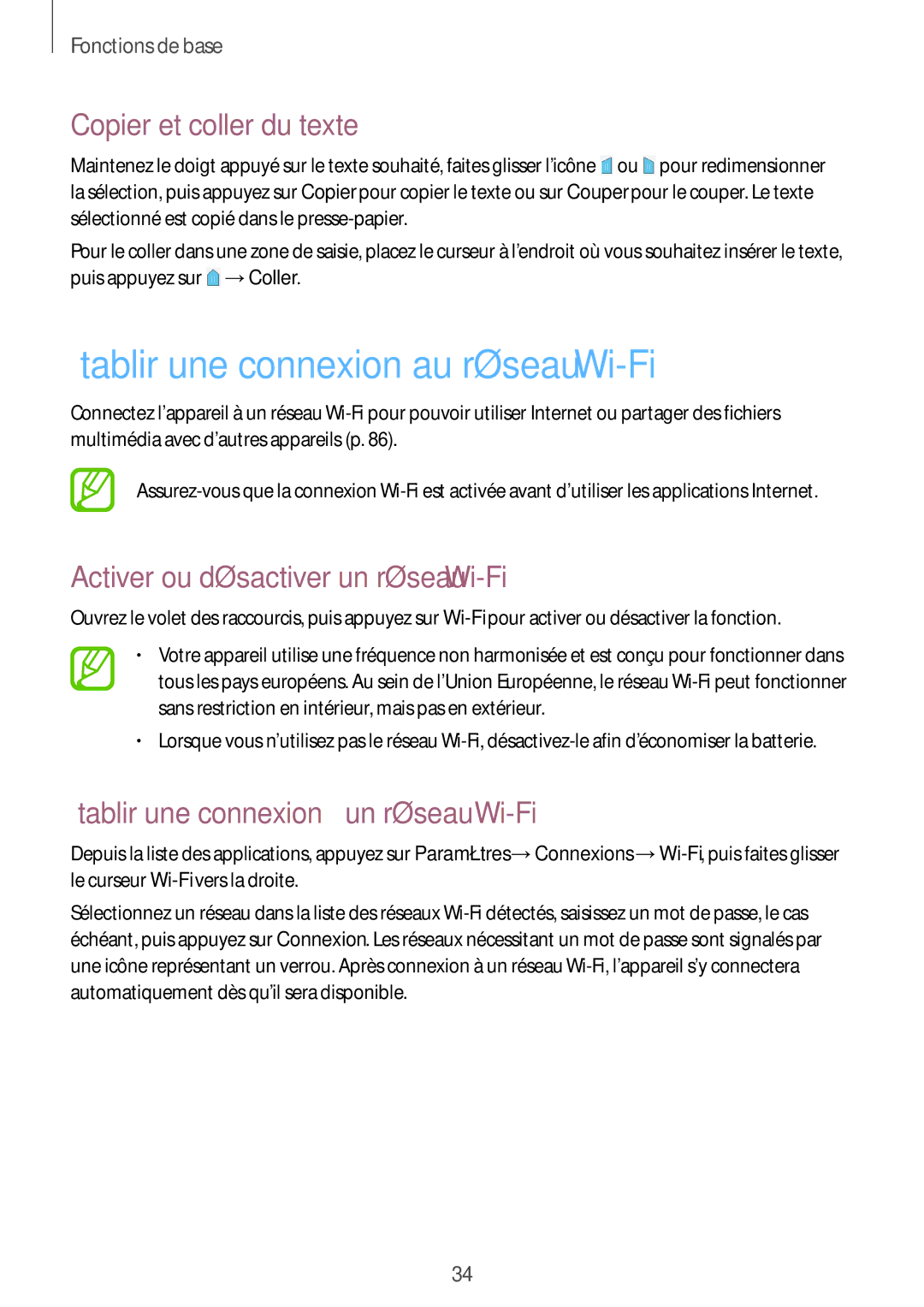 Samsung SM-T230NYKAXEF, SM-T230NZWAXEF manual Établir une connexion au réseau Wi-Fi, Copier et coller du texte 