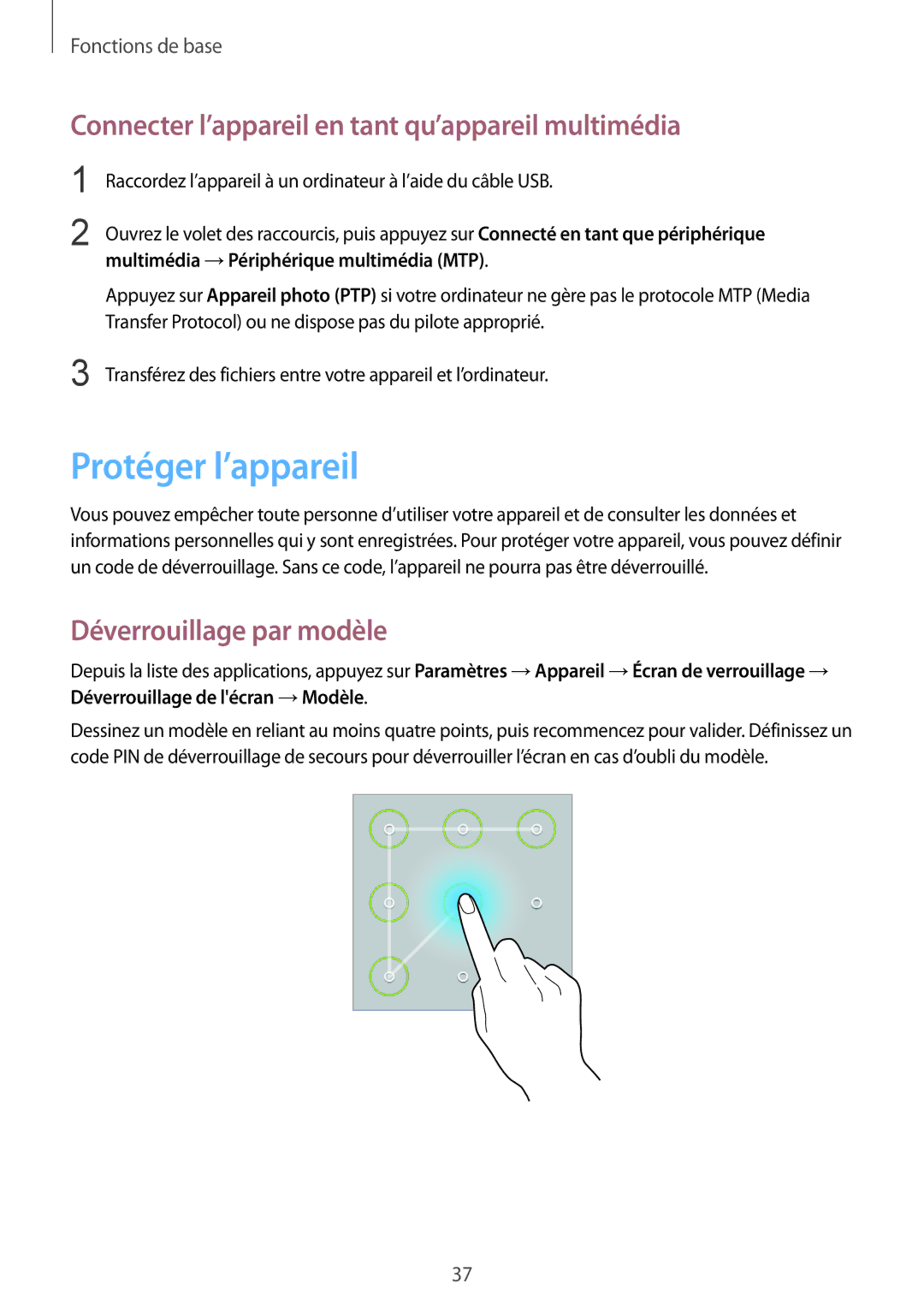 Samsung SM-T230NZWAXEF Protéger l’appareil, Connecter l’appareil en tant qu’appareil multimédia, Déverrouillage par modèle 