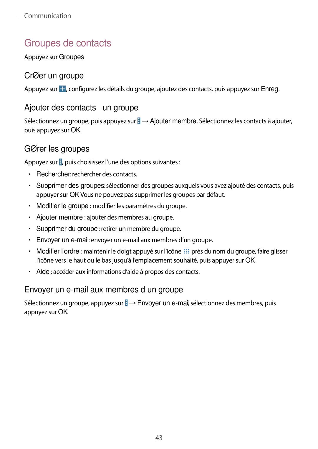 Samsung SM-T230NZWAXEF manual Groupes de contacts, Créer un groupe, Ajouter des contacts à un groupe, Gérer les groupes 