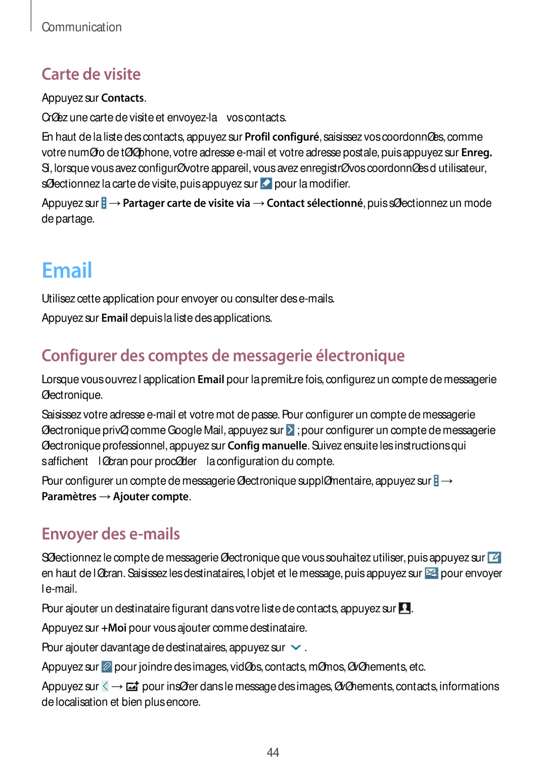 Samsung SM-T230NYKAXEF manual Carte de visite, Configurer des comptes de messagerie électronique, Envoyer des e-mails 