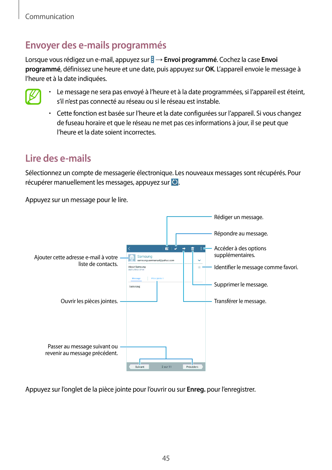 Samsung SM-T230NZWAXEF, SM-T230NYKAXEF manual Envoyer des e-mails programmés, Lire des e-mails 