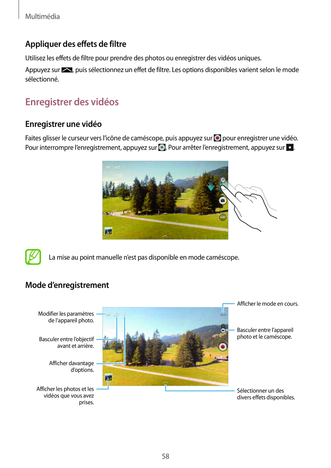 Samsung SM-T230NYKAXEF, SM-T230NZWAXEF manual Enregistrer des vidéos, Appliquer des effets de filtre, Enregistrer une vidéo 