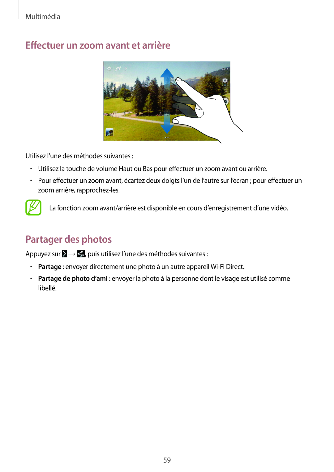 Samsung SM-T230NZWAXEF, SM-T230NYKAXEF manual Effectuer un zoom avant et arrière, Partager des photos 