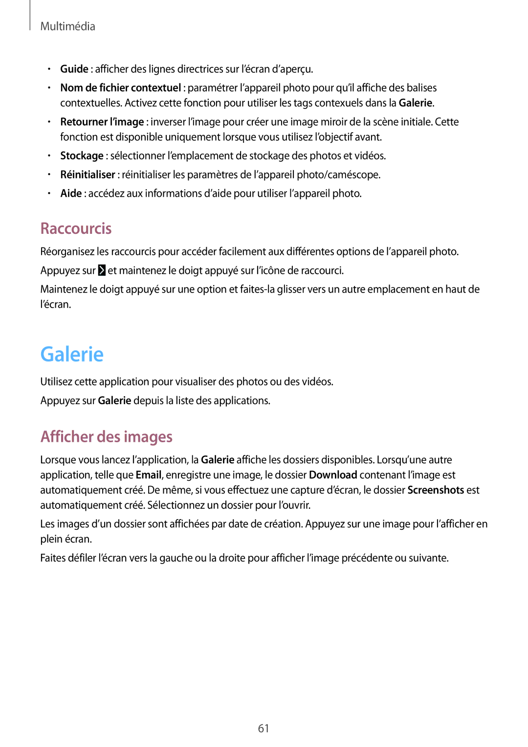 Samsung SM-T230NZWAXEF, SM-T230NYKAXEF manual Galerie, Raccourcis, Afficher des images 