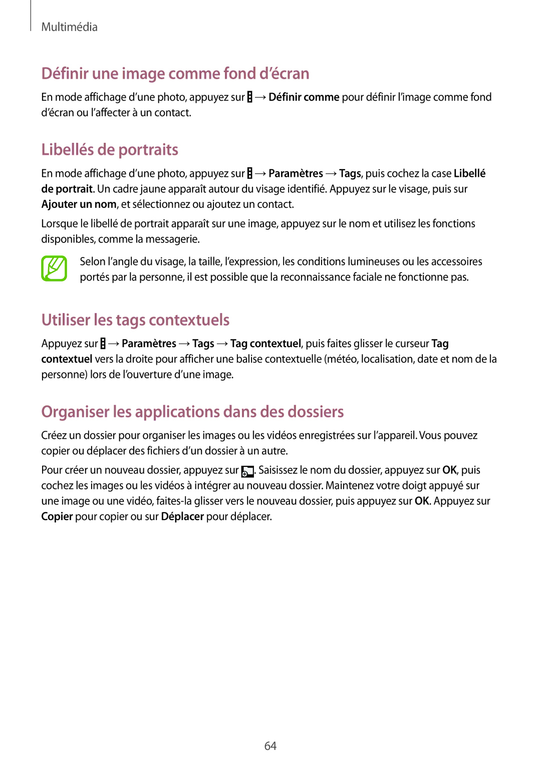 Samsung SM-T230NYKAXEF manual Définir une image comme fond d’écran, Libellés de portraits, Utiliser les tags contextuels 