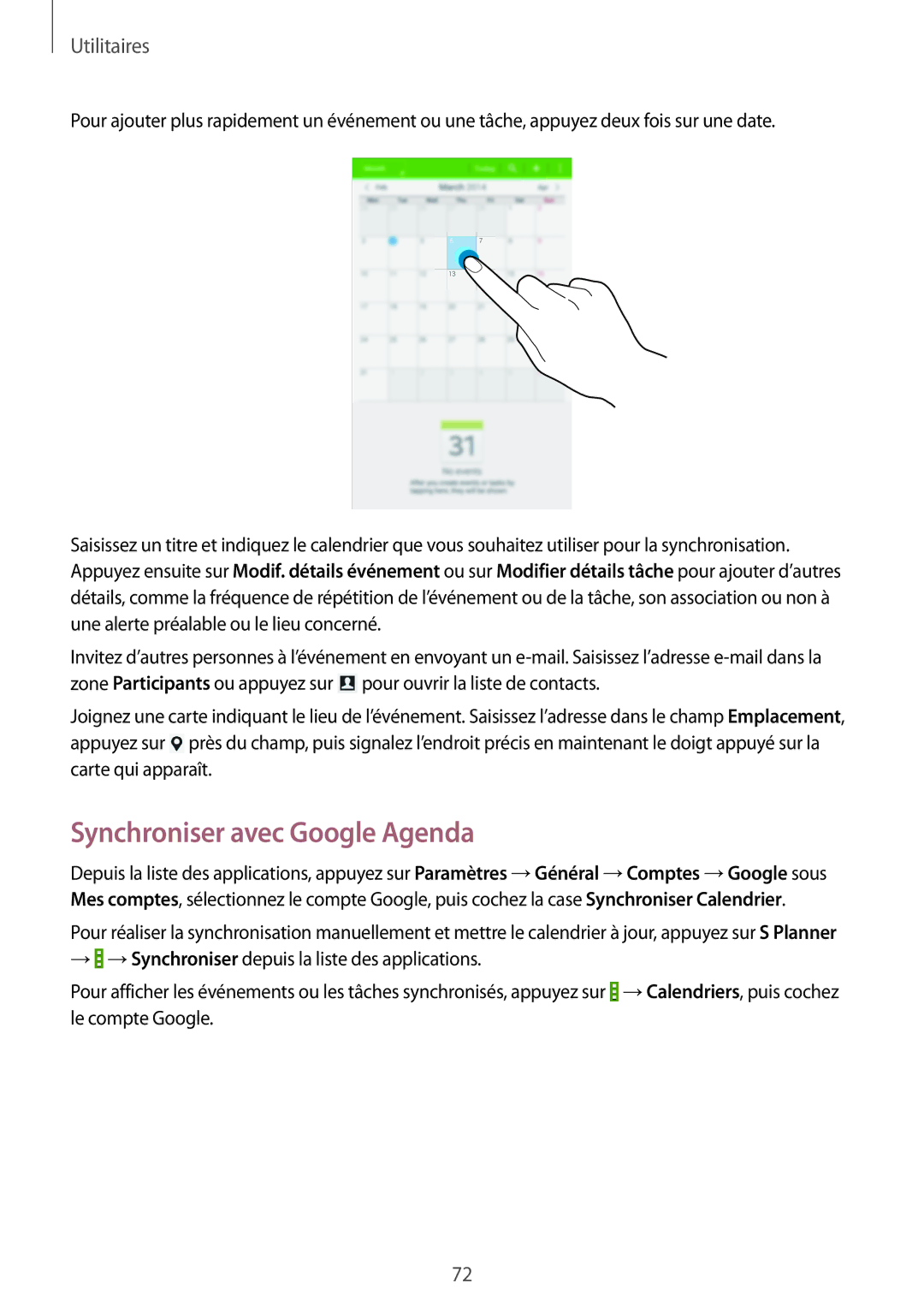 Samsung SM-T230NYKAXEF, SM-T230NZWAXEF manual Synchroniser avec Google Agenda 