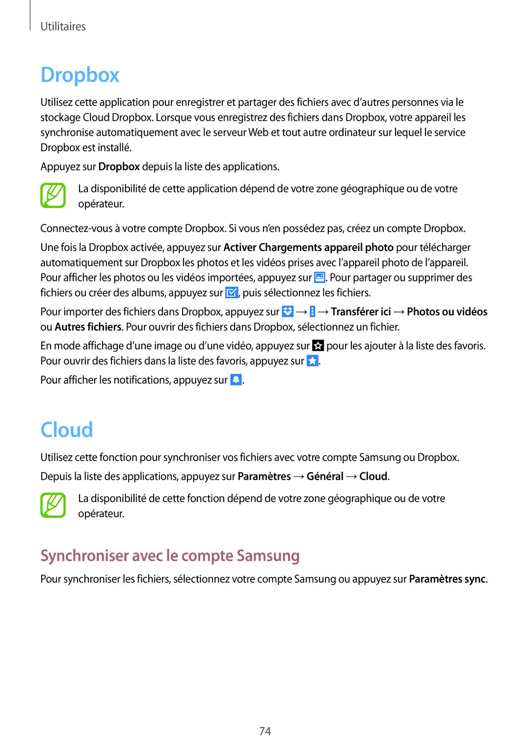 Samsung SM-T230NYKAXEF, SM-T230NZWAXEF manual Dropbox, Cloud, Synchroniser avec le compte Samsung 