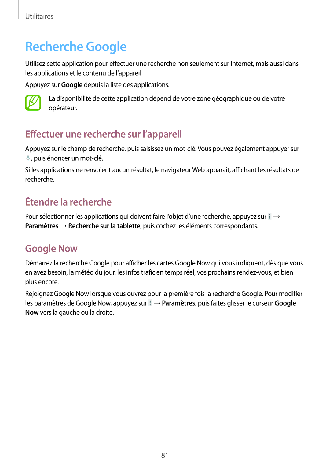 Samsung SM-T230NZWAXEF manual Recherche Google, Effectuer une recherche sur l’appareil, Étendre la recherche, Google Now 