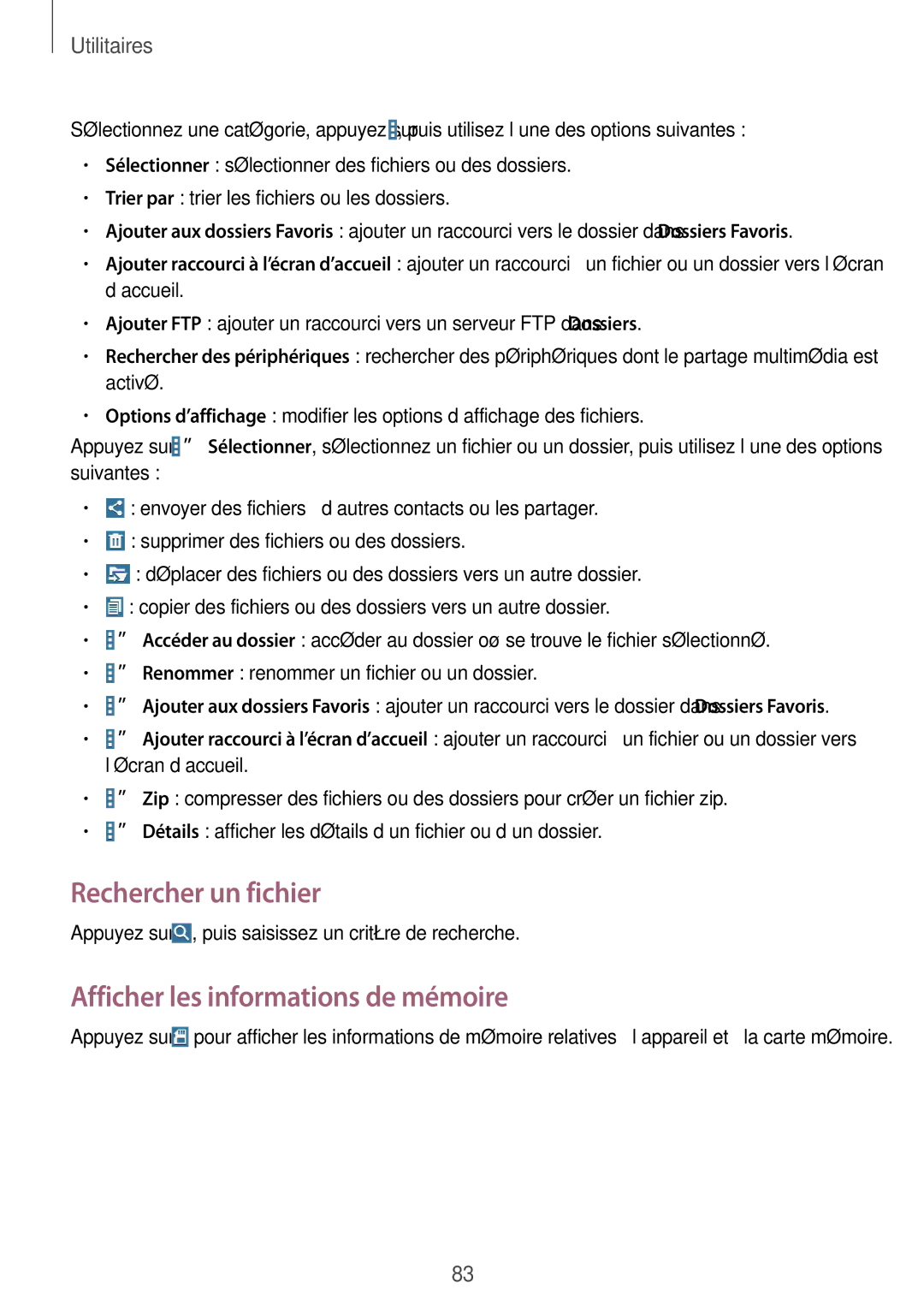 Samsung SM-T230NZWAXEF, SM-T230NYKAXEF manual Rechercher un fichier, Afficher les informations de mémoire 