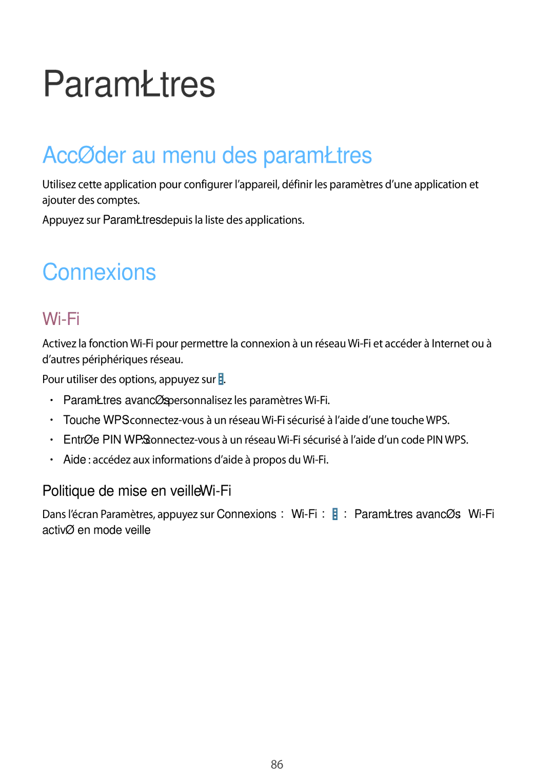 Samsung SM-T230NYKAXEF manual Paramètres, Accéder au menu des paramètres, Connexions, Politique de mise en veille Wi-Fi 