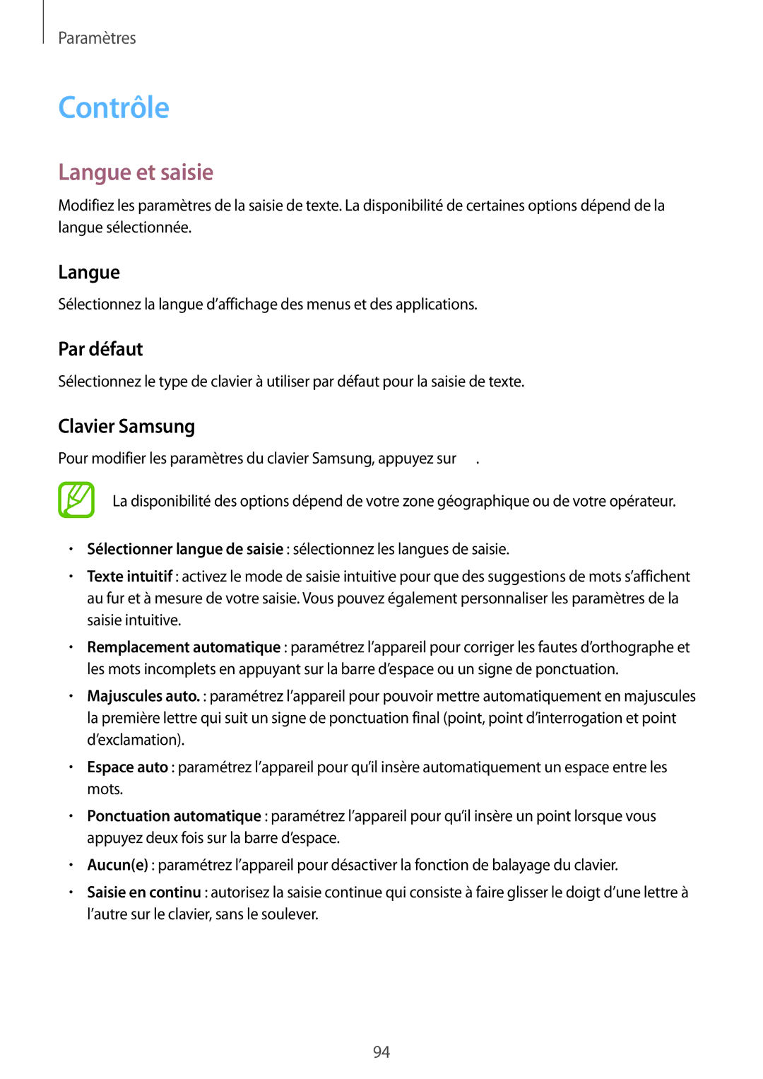 Samsung SM-T230NYKAXEF, SM-T230NZWAXEF manual Contrôle, Langue et saisie, Par défaut, Clavier Samsung 