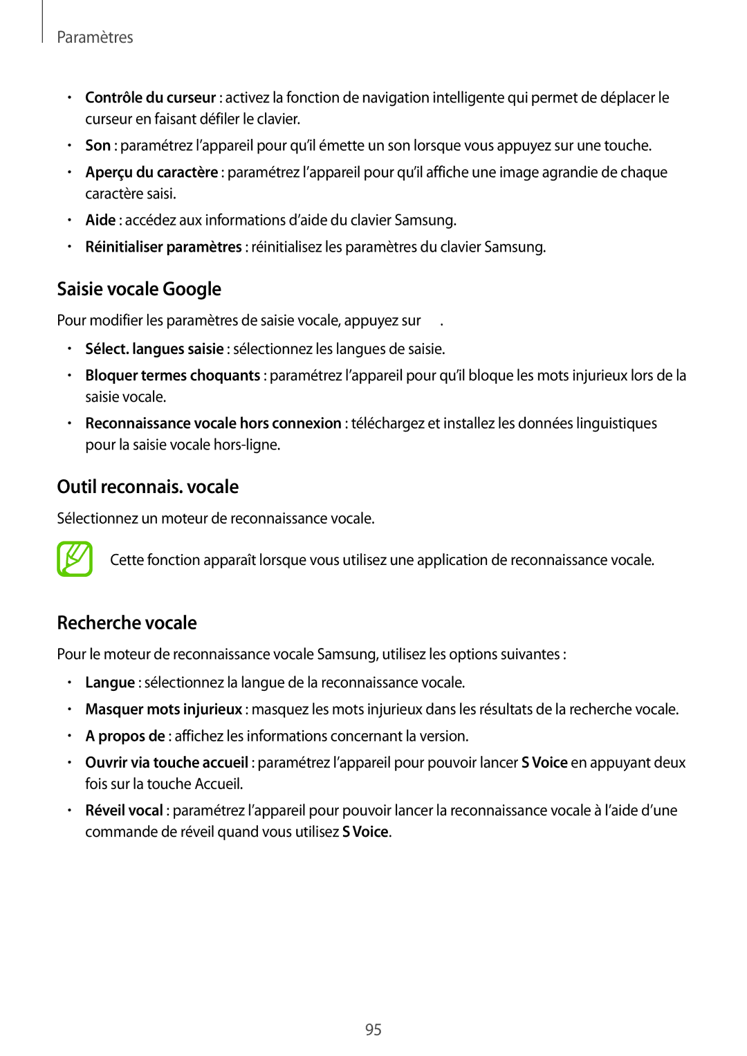 Samsung SM-T230NZWAXEF, SM-T230NYKAXEF manual Saisie vocale Google, Outil reconnais. vocale, Recherche vocale 