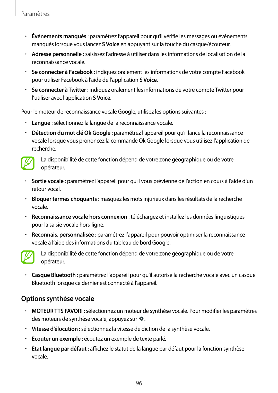 Samsung SM-T230NYKAXEF, SM-T230NZWAXEF manual Options synthèse vocale 