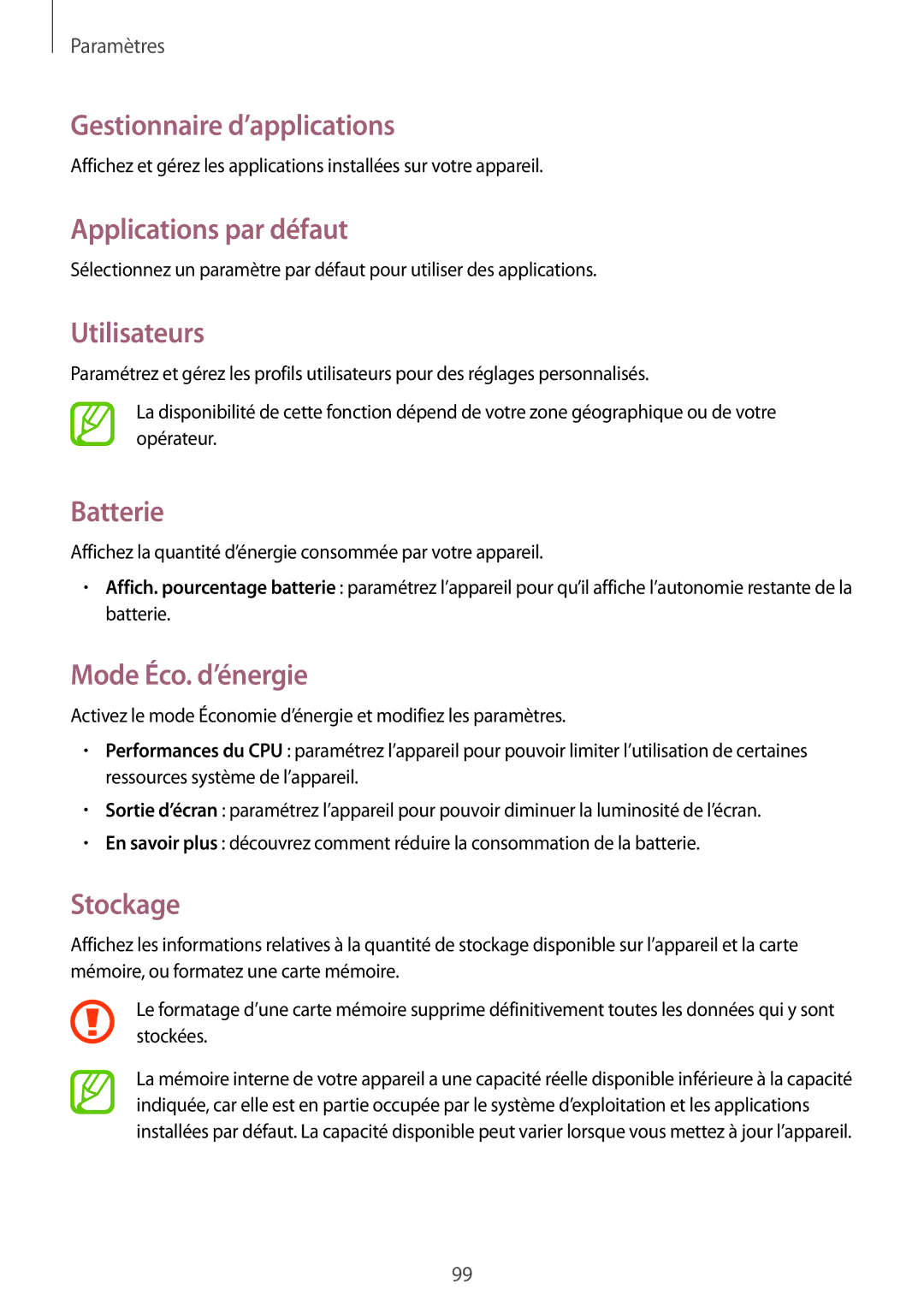 Samsung SM-T230NZWAXEF Gestionnaire d’applications, Applications par défaut, Utilisateurs, Batterie, Mode Éco. d’énergie 